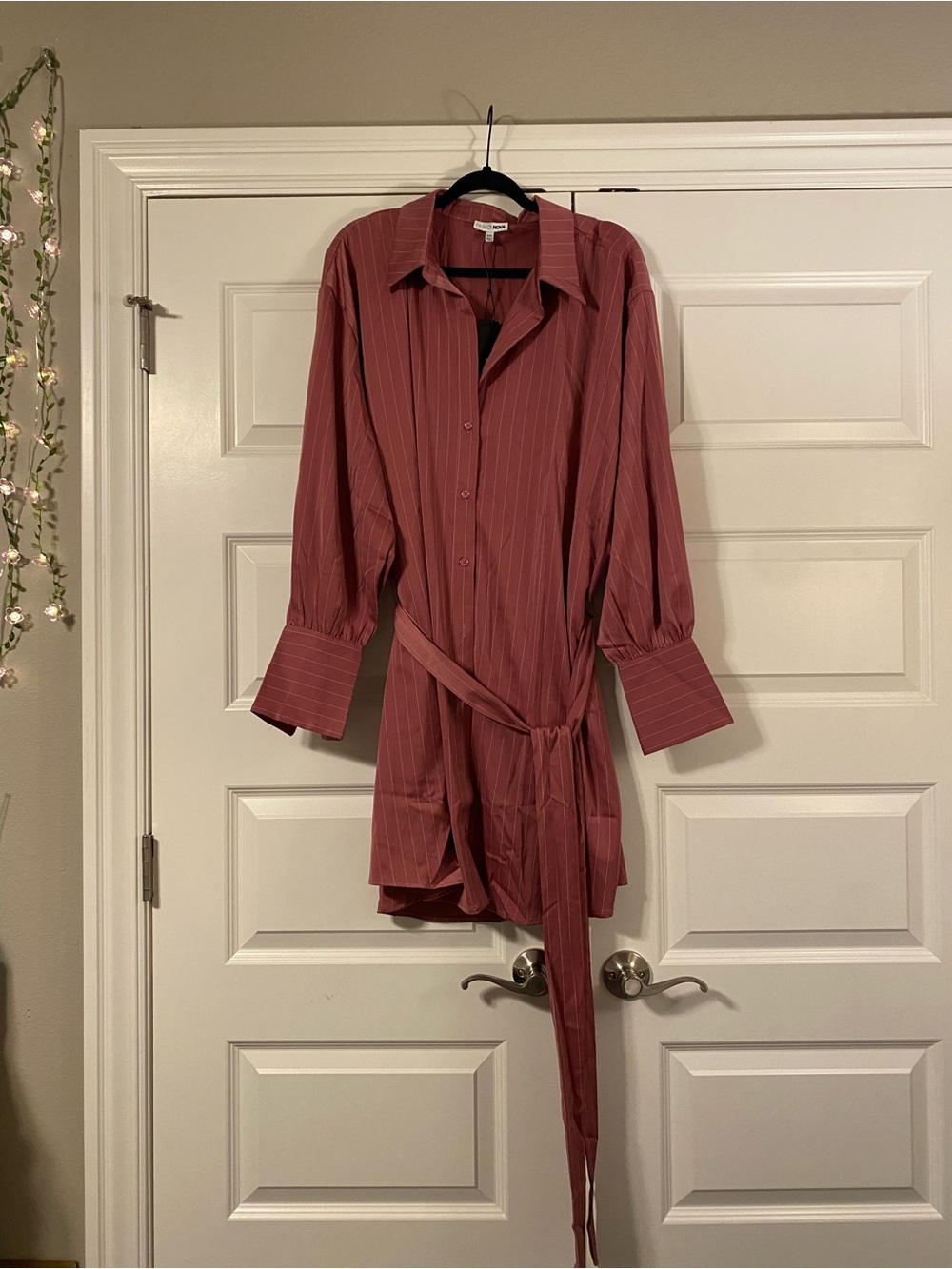 Fashion Nova Button-Up Dress with Waist Tie - Dusty Rose Pinstripe